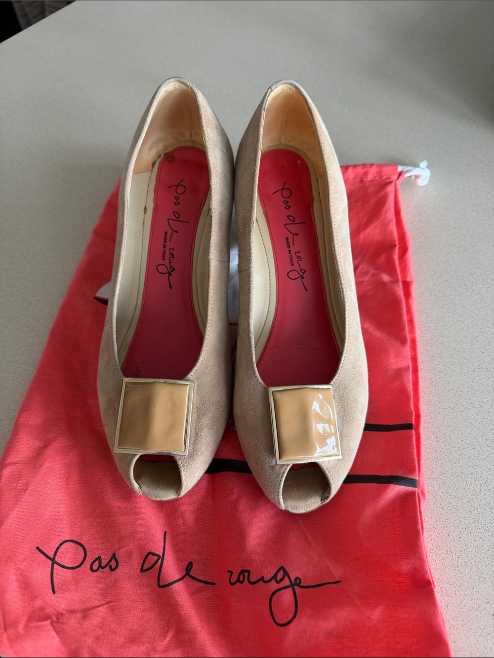 Pas de Rouge Beige Suede Peep-Toe Pumps with Gold Accent
